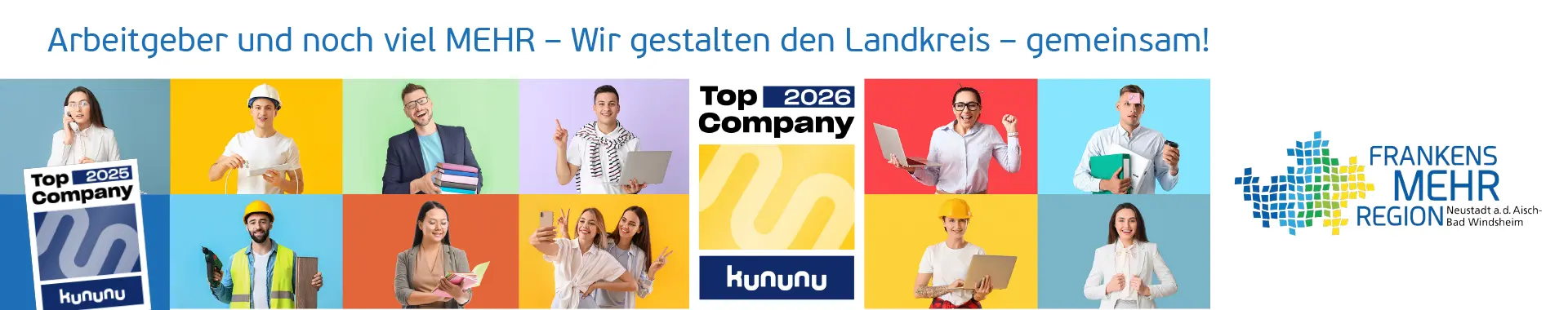 Gruppenbild Menschen in unterschiedlichen Berufen zusammen mit dem Logo Frankens Mehrregion und dem Zusatz Neustadt a.d.Aisch-Bad Windsheim